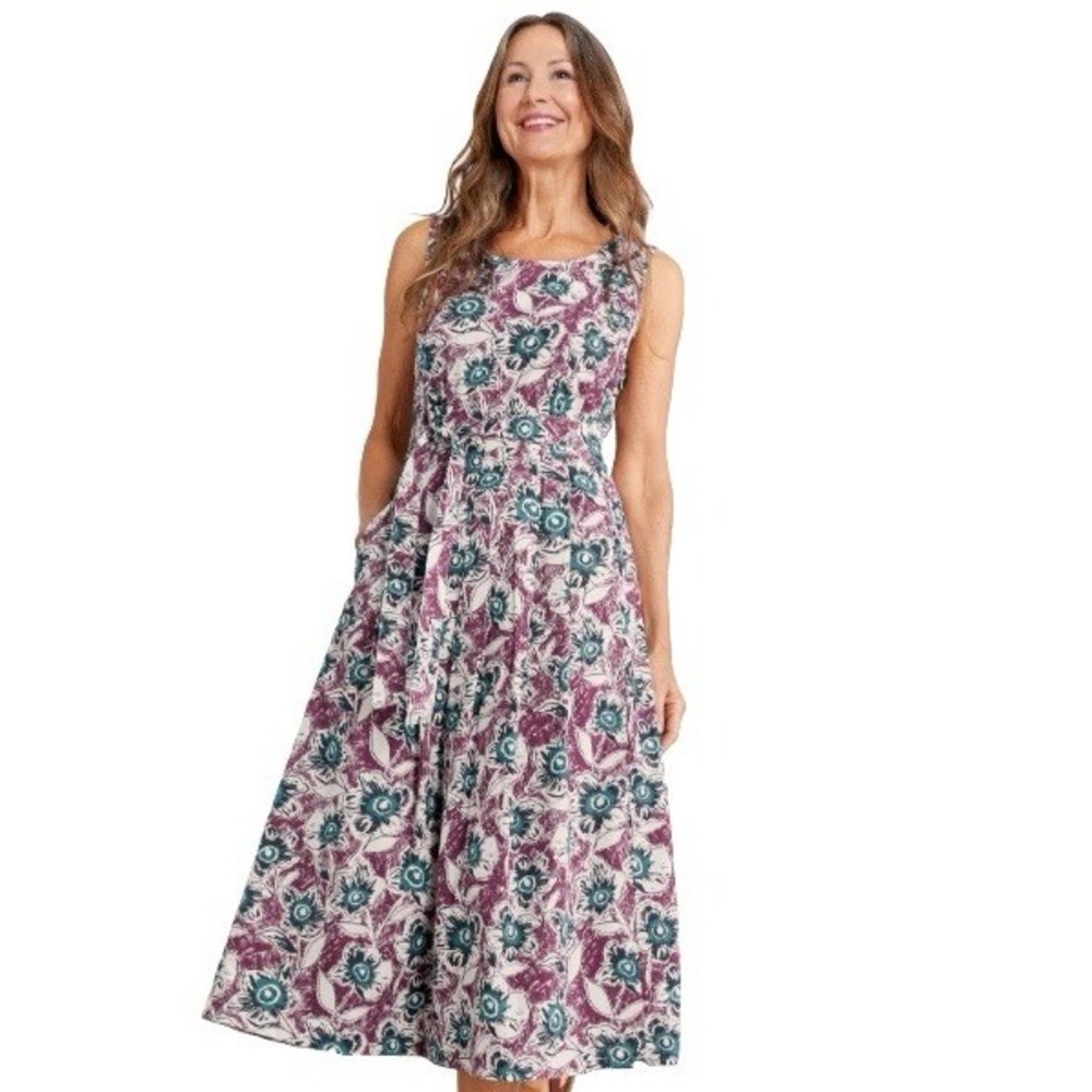 Seasalt Cornwall Belle Midi Dress Crayon Anemones US 12 Organic Cotton A-line